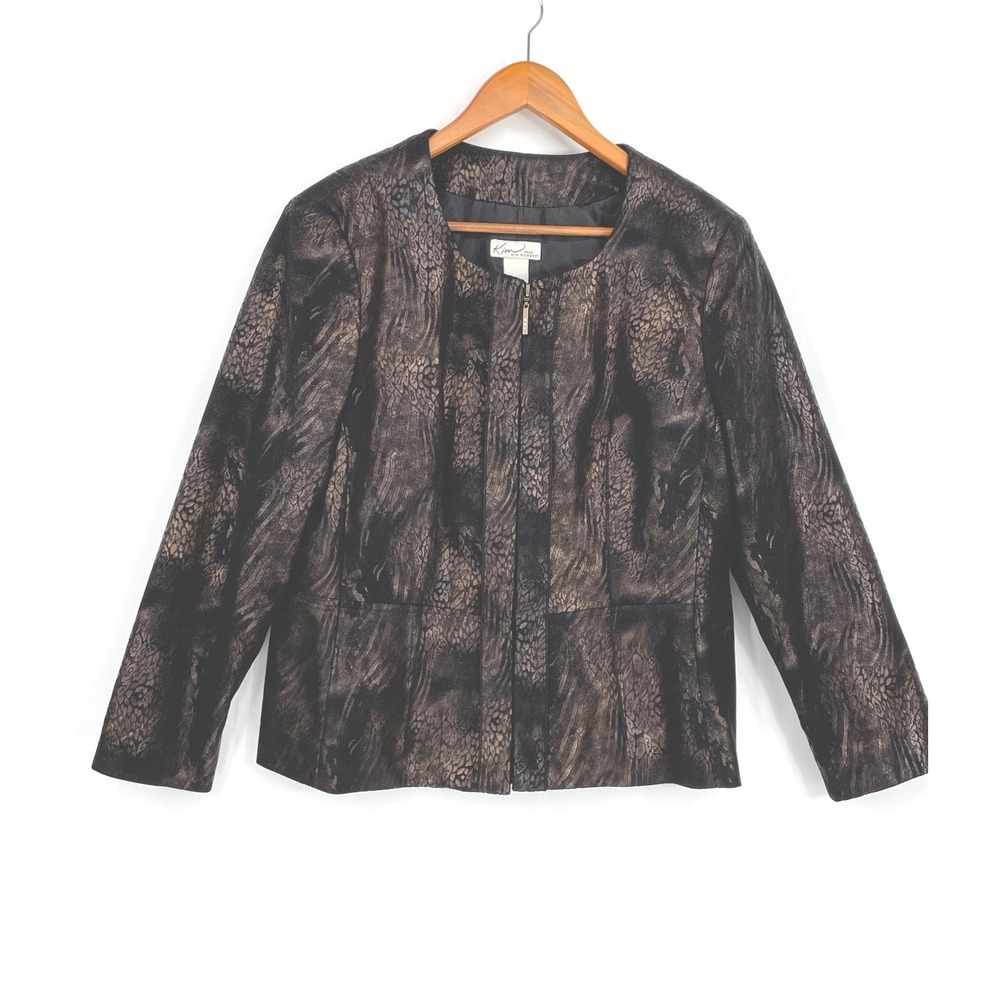 Kim Rogers Womens Jacket 12Petite Full Zip Blazer Bronze Black Metallic Animal